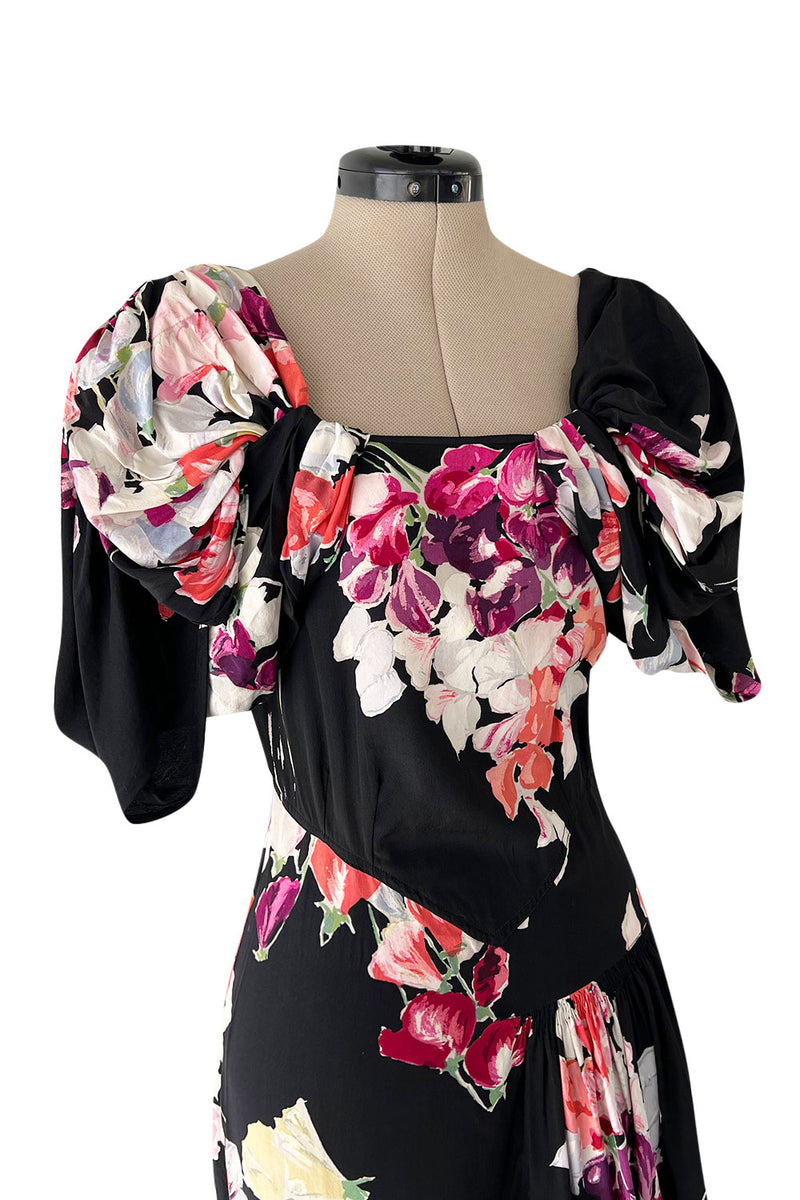 Stunning 1930s Unlabeled Black Silk Crepe Dress w Brilliant Pink & Coral Floral Print