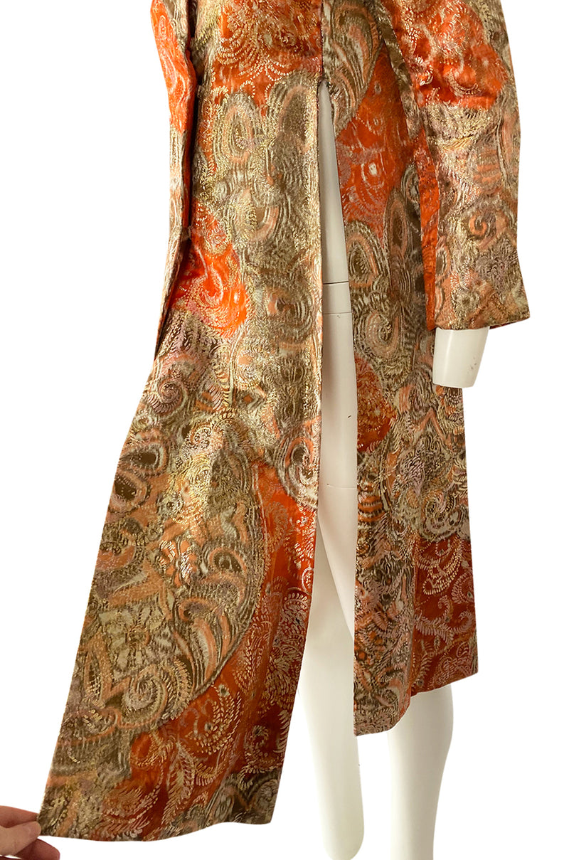 Unusual 1960s Bill Blass Open Panel Gold & Coral Metallic Coat