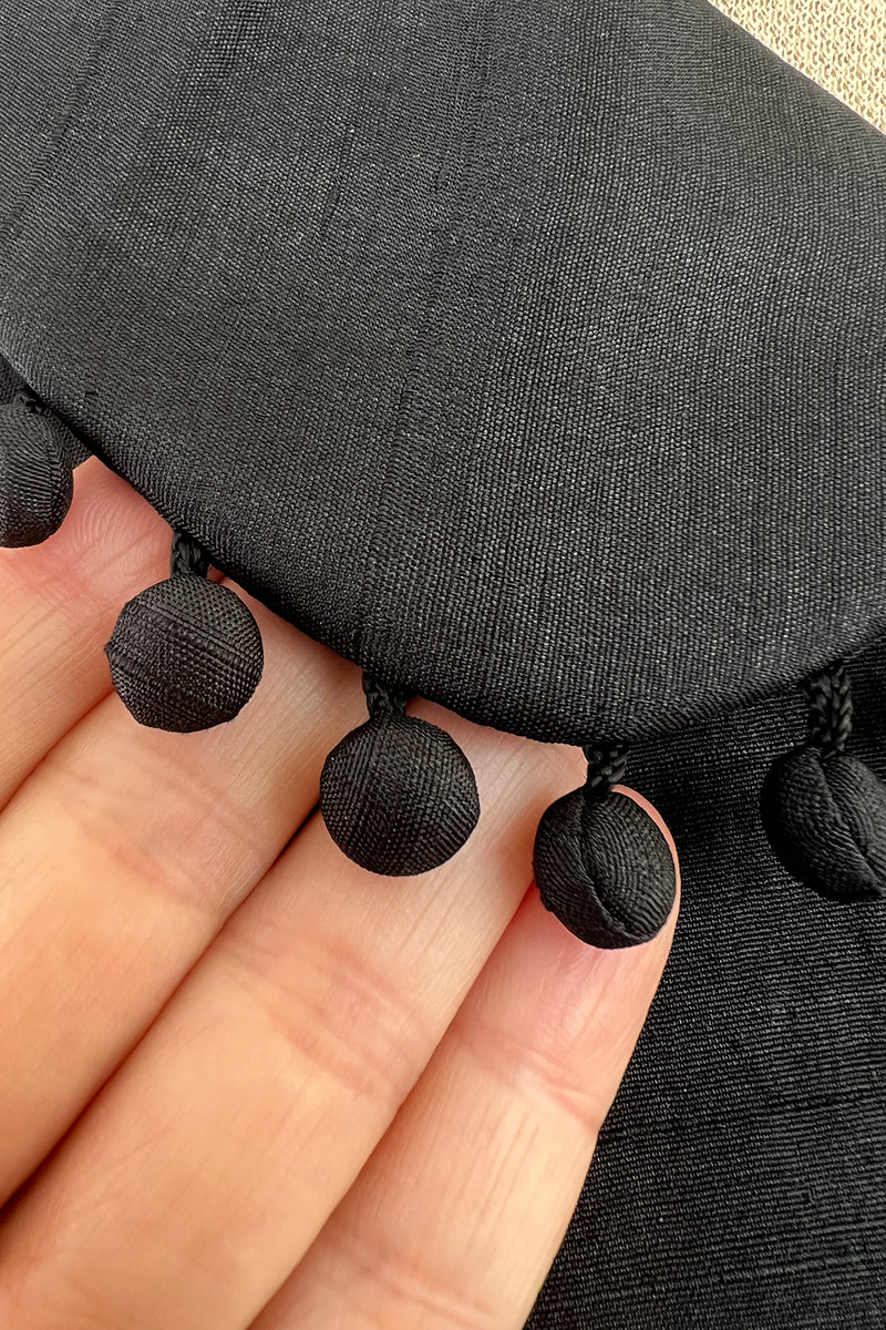 Gorgeous 1950s Unlabeled Black Silk Jacket w Silk Ball Fringe Detailing