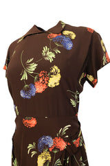 1940s Unlabeled Spectacular Floral Printed Brown Silk Swing Dress