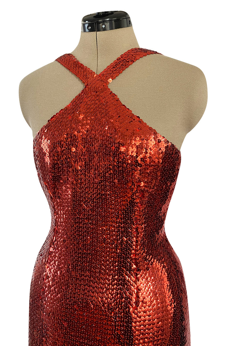 Remarkable Spring 1976 Pierre Cardin Couture Red Sequin Halter Dress w Low Full Skirt Hem