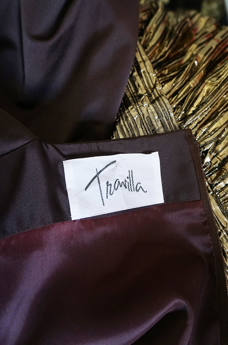 1970s Travilla Puffed Sleeve Silk & Gold Lame Gown