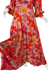 1980s Galanos Brilliant Floral Silk Chiffon Pant & Jacket Set