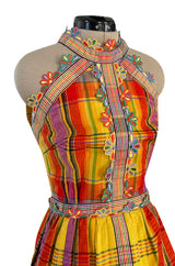 1972 Donald Brooks Textured Cotton Plaid Print Dress w Embroidered Flower Trim