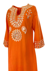 1960s Hand Applied Cord & Mirror Detailed Orange Cotton Caftan Dress