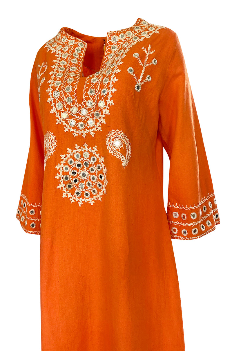 1960s Hand Applied Cord & Mirror Detailed Orange Cotton Caftan Dress
