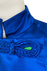 1950s Brilliant Blue Silk Satin Coat w Braided Detailing & a Startling Bright Green Lining