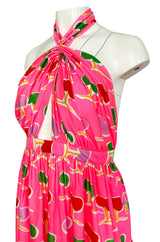 1973 Oscar de la Renta Brilliant Pink Backless Halter Dress w Front Keyhole