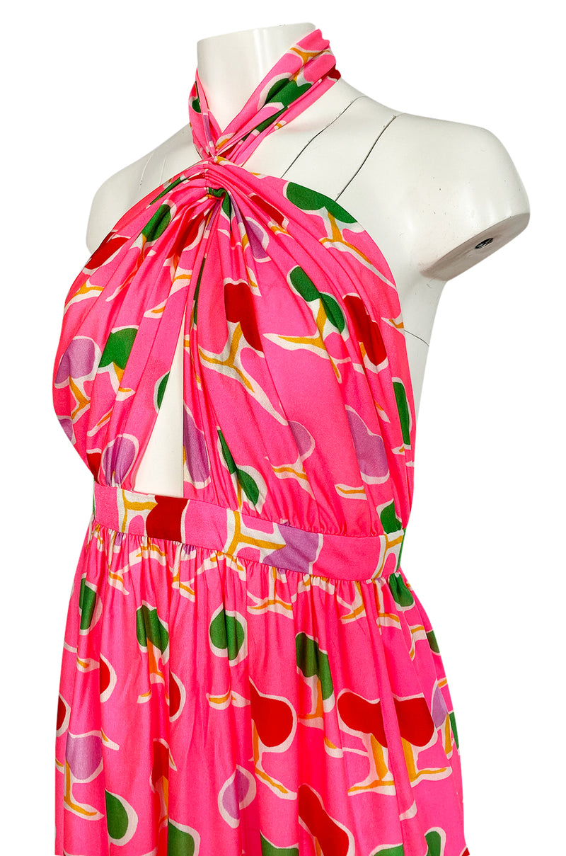 1973 Oscar de la Renta Brilliant Pink Backless Halter Dress w Front Keyhole