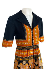 Late 1960s Oscar de la Renta Printed Orange & Black Jumpsuit w Extra Wide Side Slit Legs