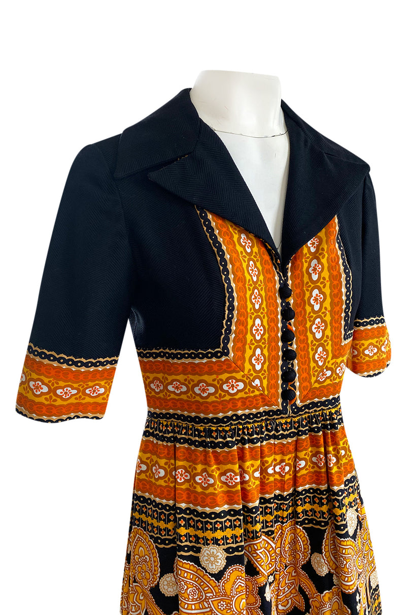 Late 1960s Oscar de la Renta Printed Orange & Black Jumpsuit w Extra Wide Side Slit Legs