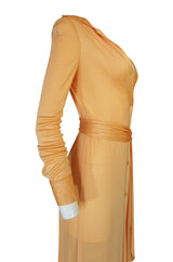 Rare 1972 Halston Couture Peach Silk Jersey Belted Shirt Dress