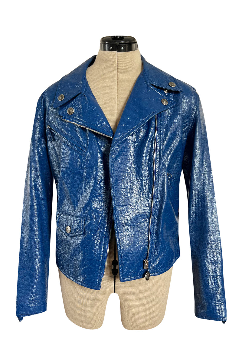 Fantastic 1990s Moschino Jeans Bright Blue Patent Faux Leather Motorcycle Jacket