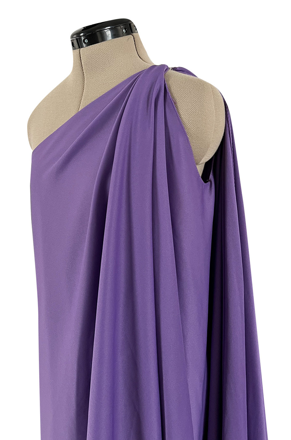 Original 1978 Halston Couture Main Label Black Jersey One Shoulder Draped Full Length Maxi Dress