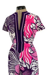 1960s Gino Charles for Malcolm Starr Purple & Pink Printed Jumpsuit w Extra Wide Legs