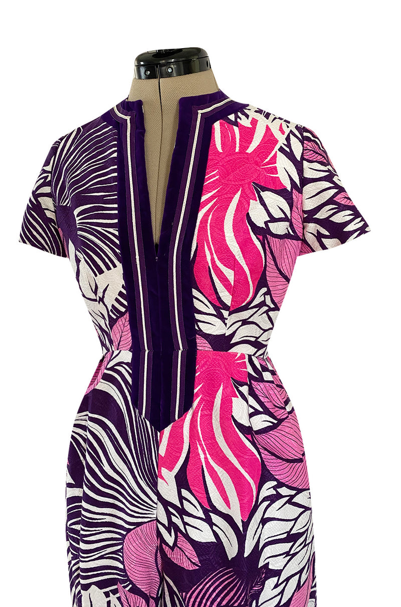 1960s Gino Charles for Malcolm Starr Purple & Pink Printed Jumpsuit w Extra Wide Legs