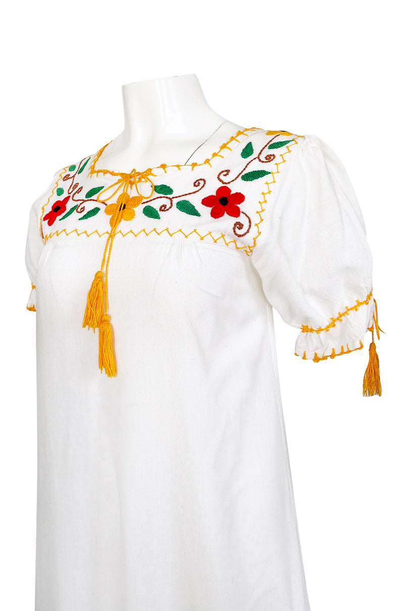 1950s Handmade Mexican Floral Embroidered White Cotton Dress Shrimpton Couture 1950s Handmade Mexican Floral Embroidered White Cotton Dress Shrimpton Couture