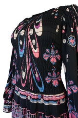 Unusual 1970s Paganne Smocked Jersey Printed Maxi Dress
