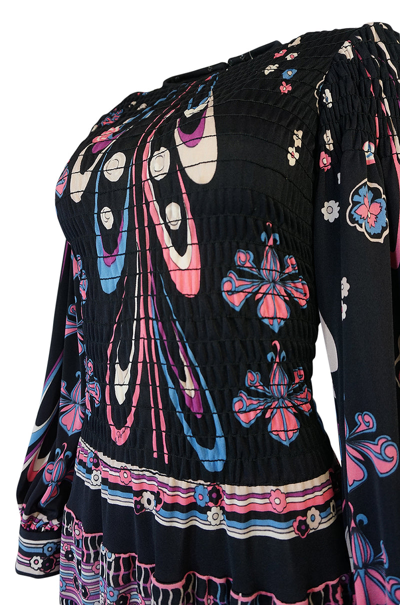 Unusual 1970s Paganne Smocked Jersey Printed Maxi Dress