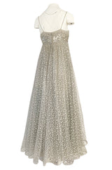 1970s Unlabeled Alfred Bosand Sequin Bodice Dotted Silk Net Dress W Matching Cape Overlay