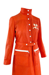 Iconic 1960s Andres Courreges Vivid Orange  & White Vinyl Coat or Dress w Original Belt