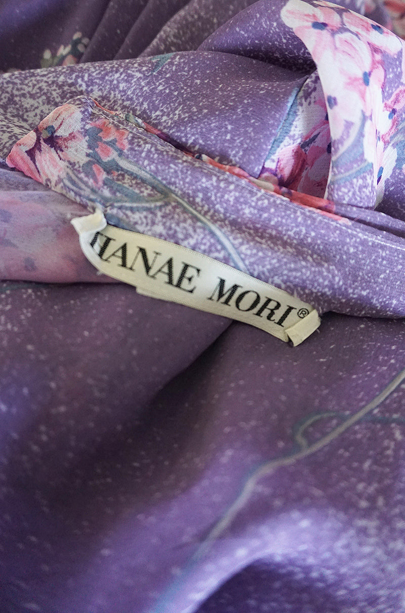 1970s Hanae Mori Romantic Pale Purple Print Chiffon Dress