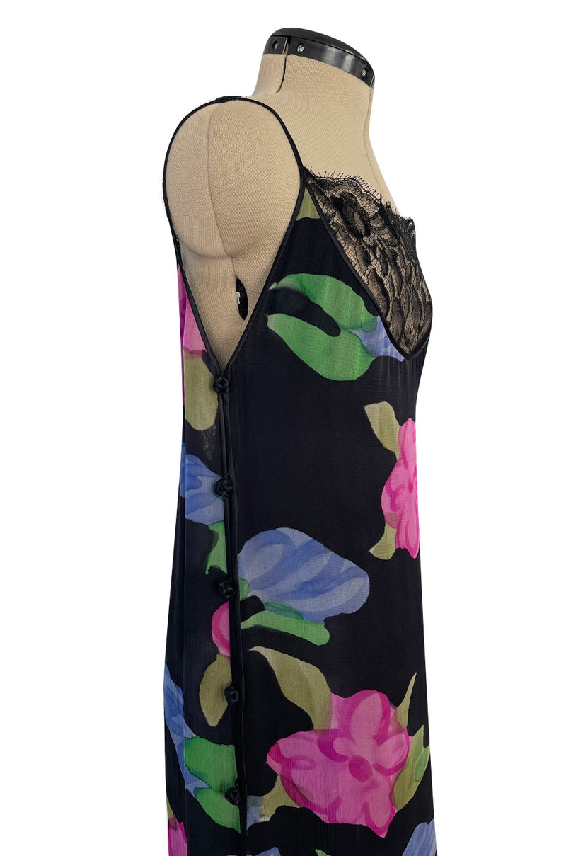 Custom 1970s James Galanos Floral Print Silk Chiffon Dress w Deep Plunging Black Lace Inserts