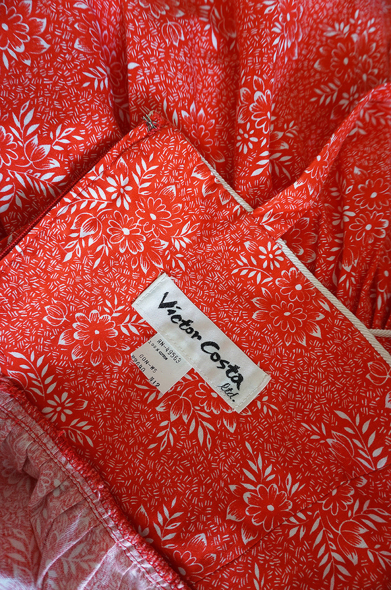 1970s Red Print & Tiered Victor Costa Cotton Dress