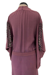 Unusual 1930s Avant Garde Mauve Moss Crepe Dress w Hand Beaded Sleeve Detailings