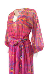 Spring 1973 Halston Pink Silk Crepe Chiffon Striped Four Piece Dress Set