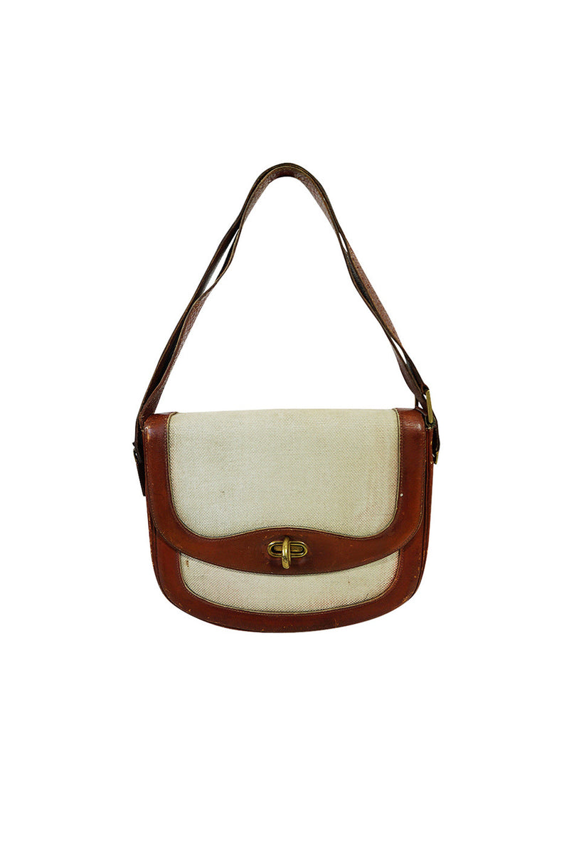 1960s Hermes Tan Canvas Box Leather Top Handle Handbag