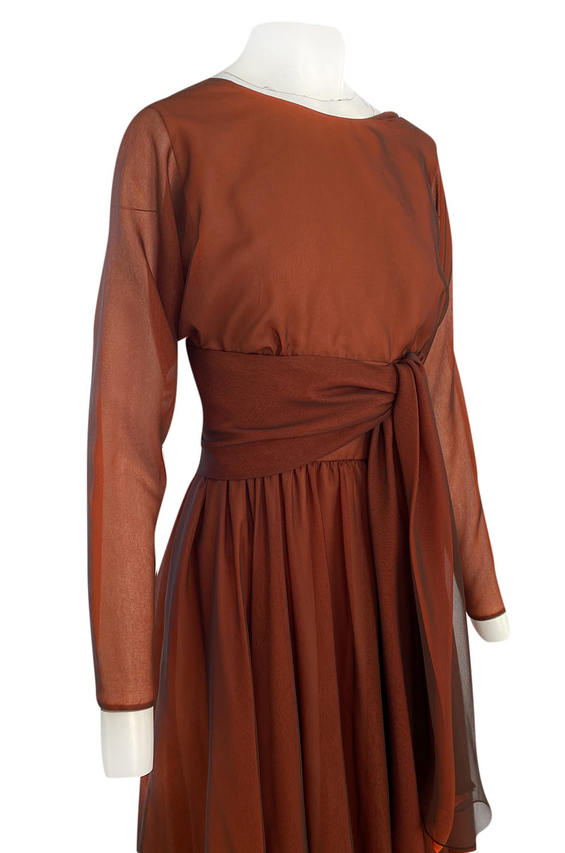 1960s Geoffrey Beene Chocolate Chiffon Over an Orange Inlay Backless Maxi Dress