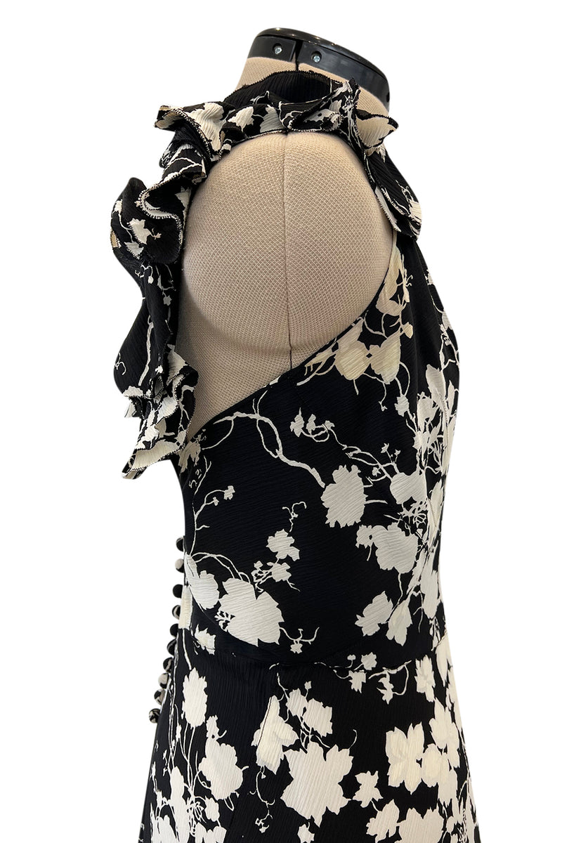 Prettiest 1930s Black & White Floral Print Bias Cut Silk Elaborate Ruffle Shoulder Dress