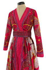 1960s Malcolm Starr Bright Cherry Pink Floral Batik Print Dress w Hand Beaded Belt
