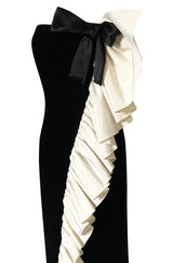 Spring 1980 Bill Blass Ivory Silk Ruffle on Ink Black Velvet Strapless Dress