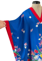 Spring 1982 Oscar de la Renta Blue Floral Silk Caftan Dress w Red Edging Detail