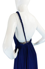 1970s Saks Youth Dimension Backless Jersey One Shoulder Blue Dress