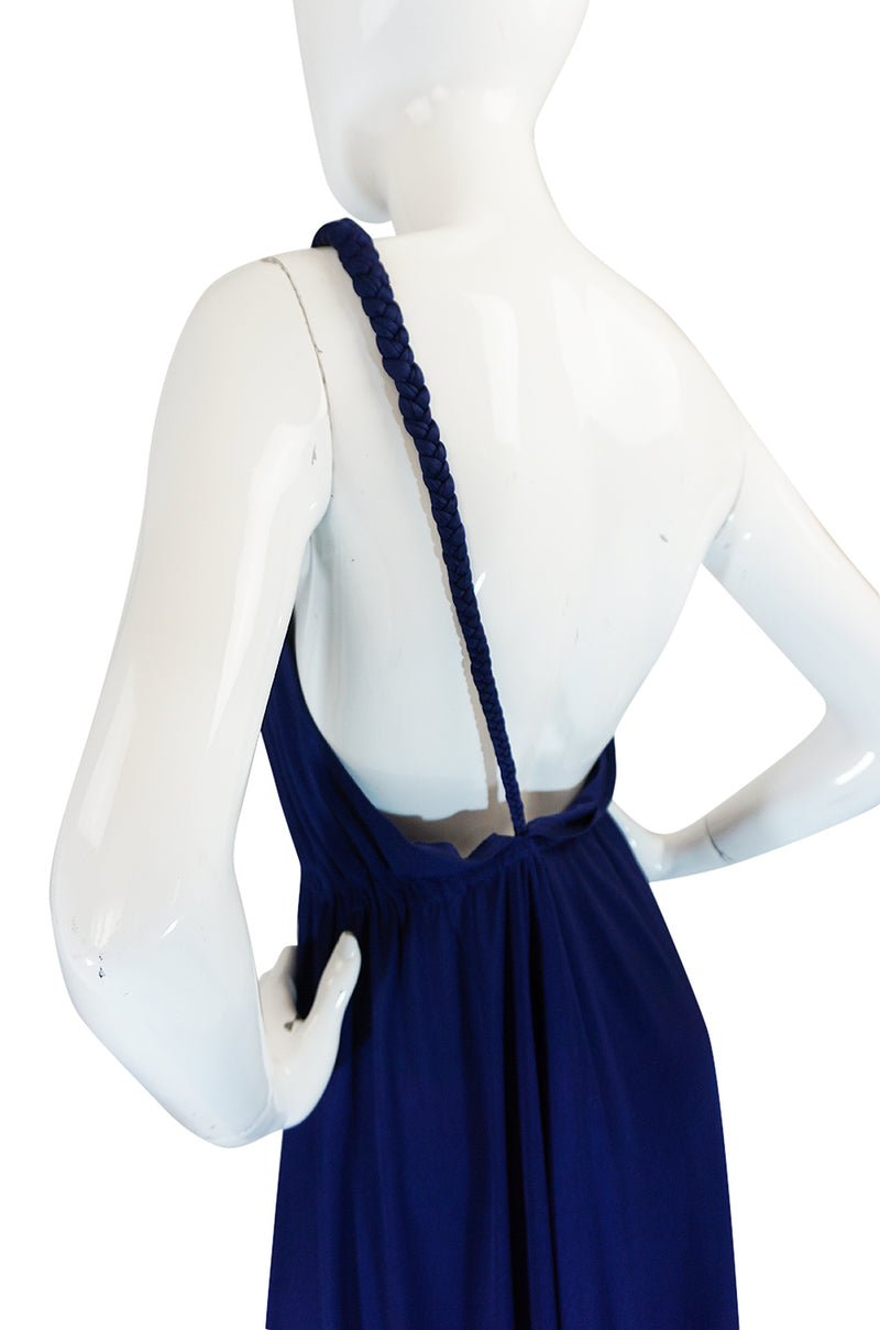 1970s Saks Youth Dimension Backless Jersey One Shoulder Blue Dress