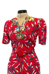 Gorgeous 1940s Unlabeled Cotton Pique Red & Bright Floral Print Dress w Original Belt