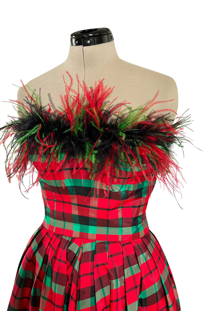 Gorgeous 1980s Victor Costa Silk Taffeta Plaid & Feather Strapless Dress