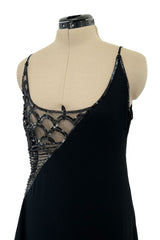 Spring 2000 Valentino Black Silk Dress w Shocking Sequin & Net Side Panel