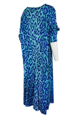 1970s La Mendola Silk Jersey Blue Print Dress & Knit Jersey Coat Set