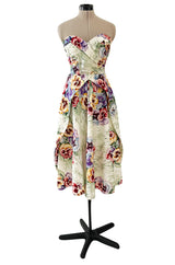 Sweetest 1950s Party Lines by Emma Domb Pansy Print Strapless Dress w Full Skirt