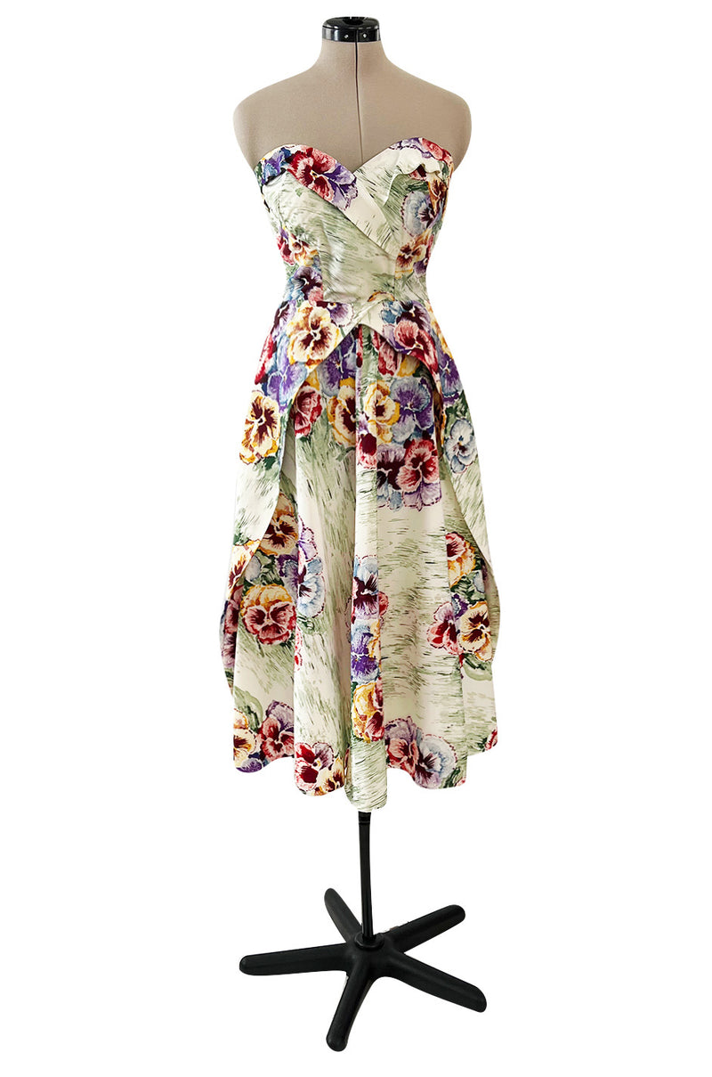 Sweetest 1950s Party Lines by Emma Domb Pansy Print Strapless Dress w Full Skirt