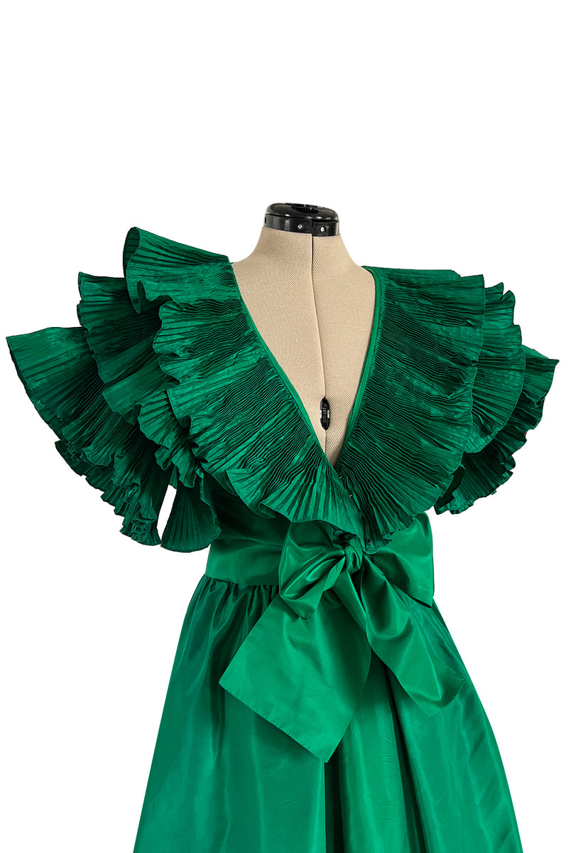 1980s Paul-Louis Orrier Emerald Green Silk Taffeta Couture Dress w Extravagant Ruffles