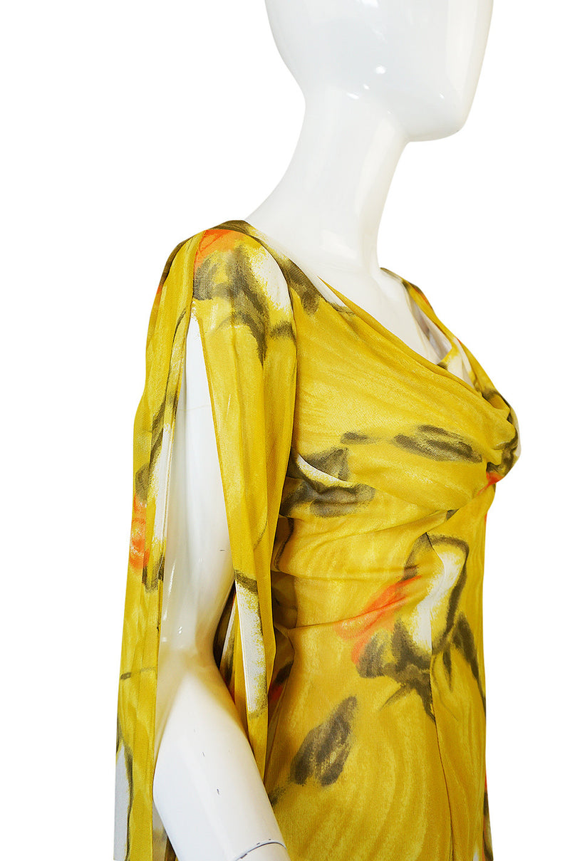 1960s Dramatic Silk Scarf Arm Lilli Diamond Floral Dress