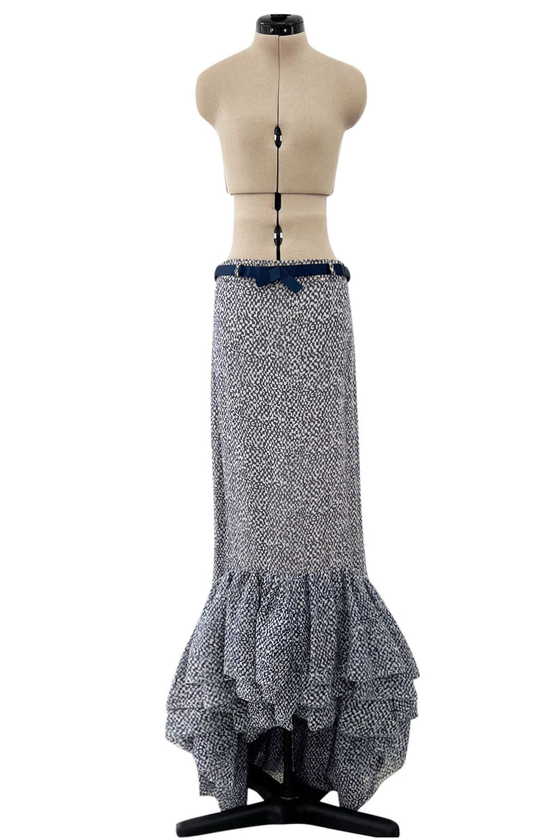Rare 1970s Madame Gres Haute Couture Blue Print Silk Chiffon Blue Skirt w Ruffled Bottom