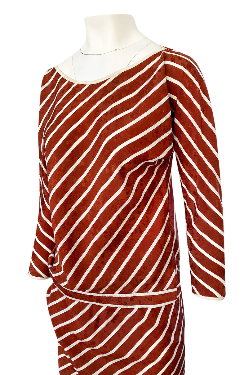 1980s Oscar de la Renta Rust and White Striped Silk Top & Skirt Set