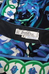 1970s Blue Print Silk Jersey Pucci Caftan Dress