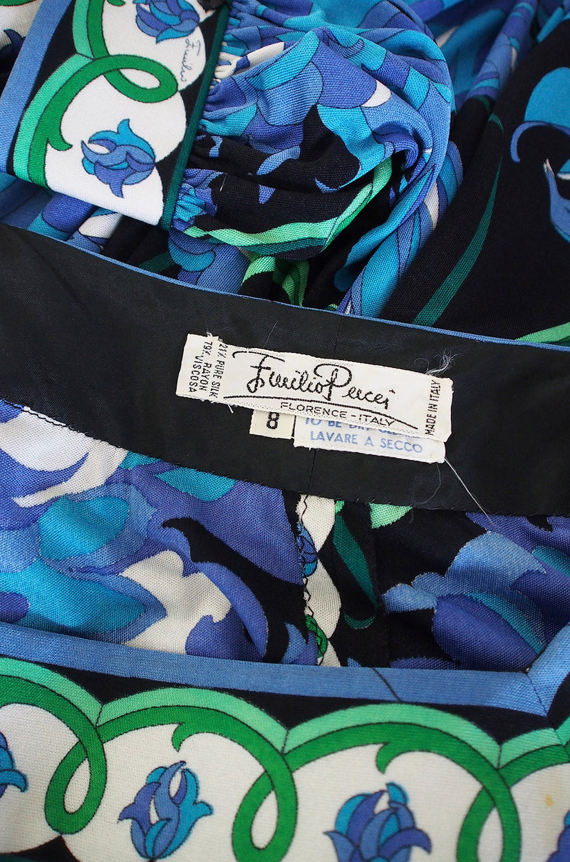 1970s Blue Print Silk Jersey Pucci Caftan Dress